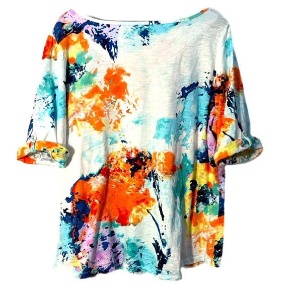Chico's Water Color Top Orange Blue Yellow Purple Elbow Sleeve Women’s 3 / XL. - Picture 2 of 11
